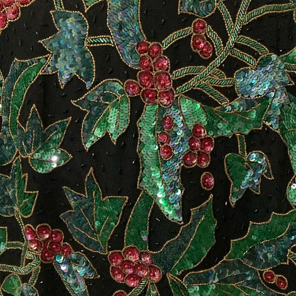 NITELINE Vintage Christmas Floral Sparkly Beaded Sequined Silk Jacket size XL - Picture 3 of 13